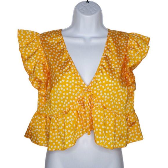 SHEIN Womens Yellow White Floral Cross Front Ruffle Flutter Sleeve Crop Blouse S - Picture 2 of 9